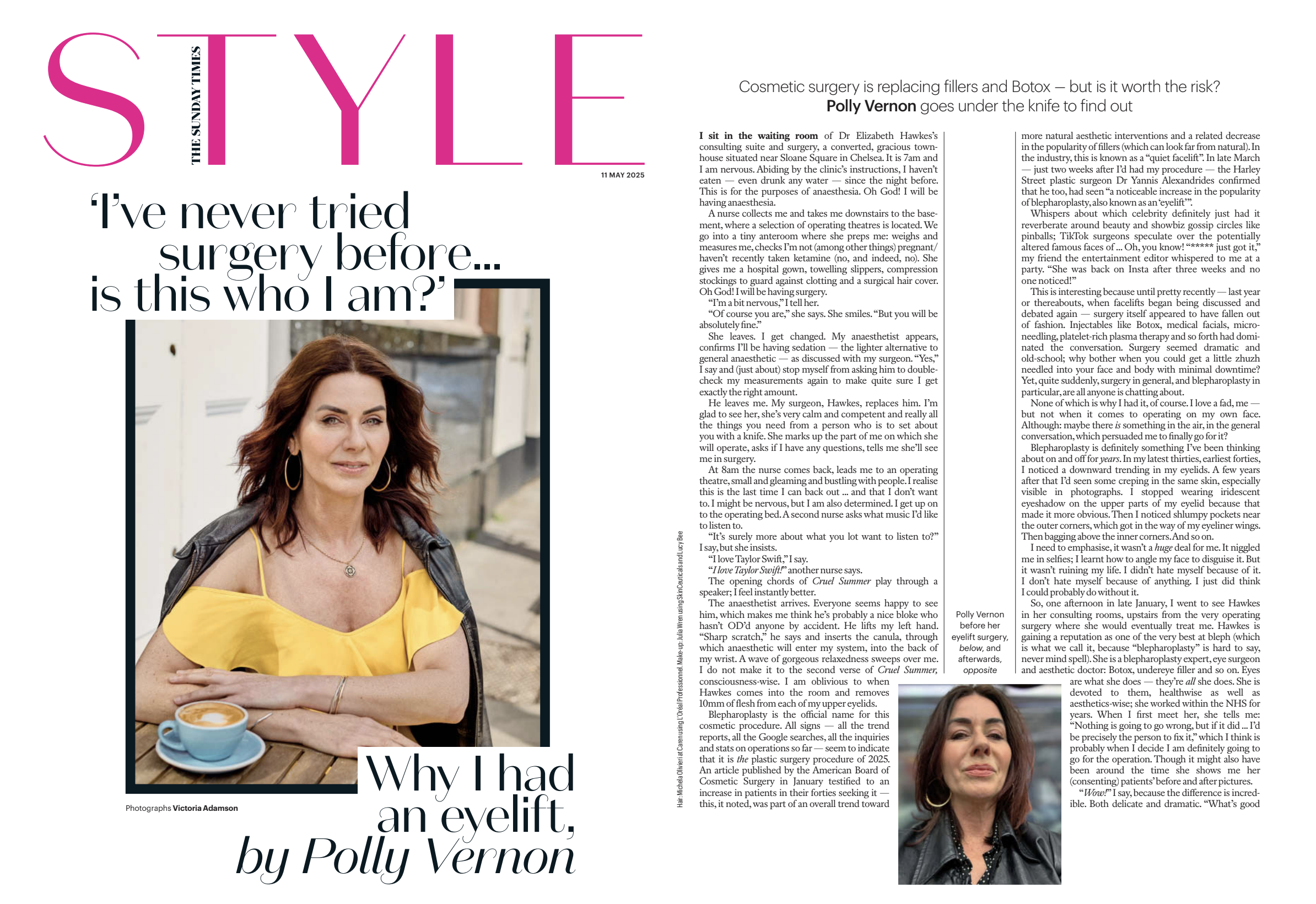 Polly Vernon Eyelift Feature – The Sunday Times Style, May 2025 Polly Vernon seated outdoors in a yellow top with coffee, featured in The Sunday Times Style article titled "I've never tried surgery before... is this who I am?" discussing her experience with eyelift surgery.